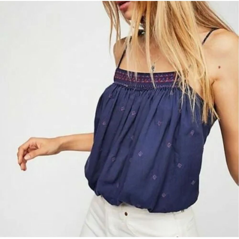 Free People Eternal Love Embroidered Cami Tank Top Floral Tassel Tie Cropped Nav